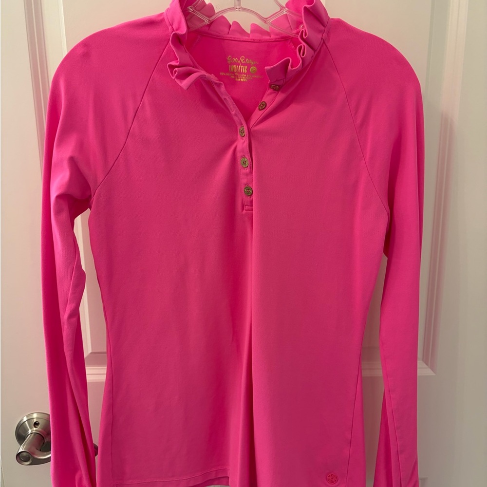 Lilly Pulitzer Hot Pink Ruffle Collar Long Sleeve Polo